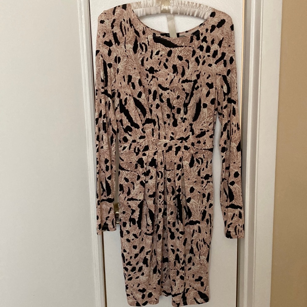 Light weight dress:  tan, taupe white and black abstract print.
